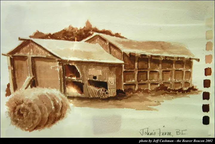 Brown-toned painting of farm buildings with a round hay bale and color swatches.