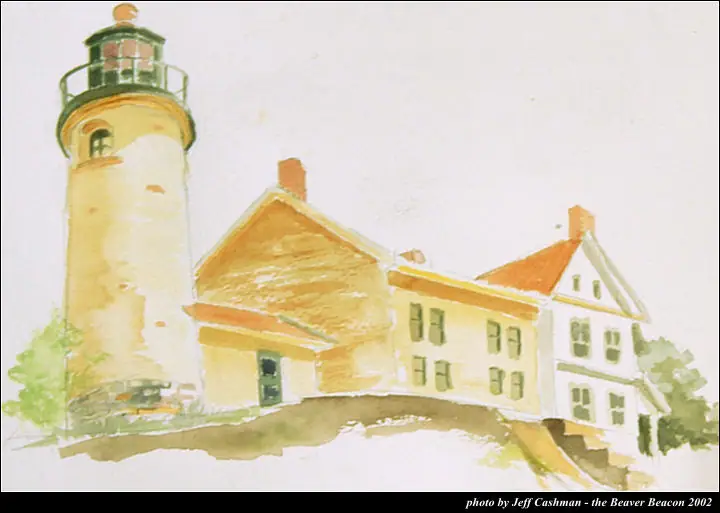 Watercolor painting of a lighthouse beside adjoining buildings with red roofs and green shutters.