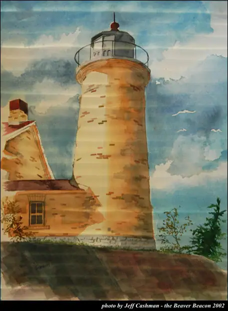 Watercolor painting of a tall lighthouse beside a low building beneath a cloudy blue sky.
