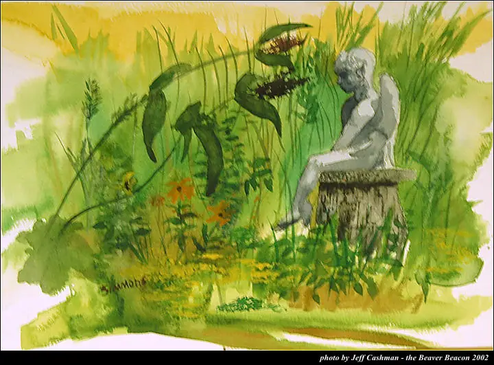 Watercolor painting of a seated gray figure surrounded by dense green plants and orange flowers.