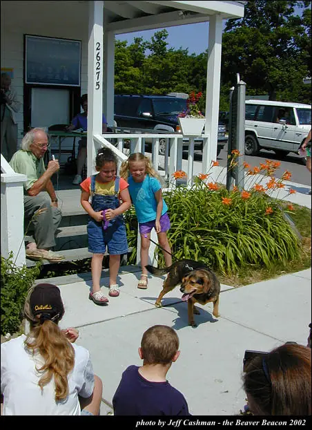 Two children stand with a leashed dog outside a porch while spectators watch.