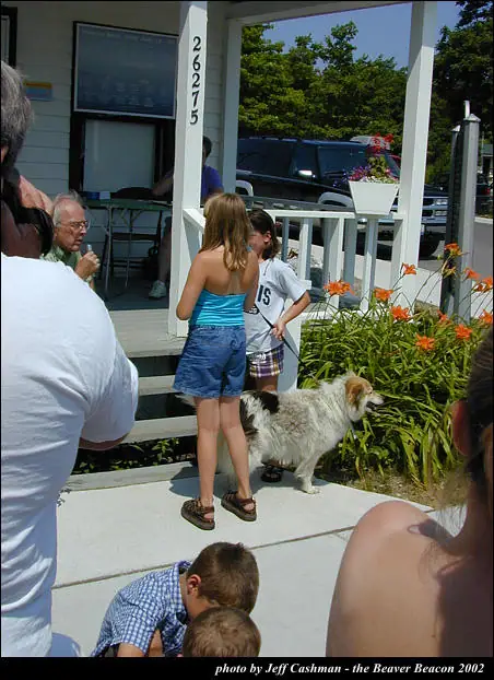 Children, adults, and a dog gather on a porch beside a flower garden and parked vehicle.