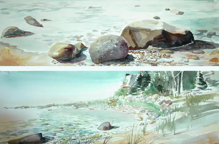 Two watercolor landscape paintings show rocky shorelines with boulders, shallow water, vegetation, and trees.