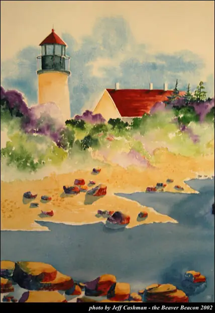 Watercolor painting of a lighthouse, red-roofed building, rocky shore, and surrounding water.
