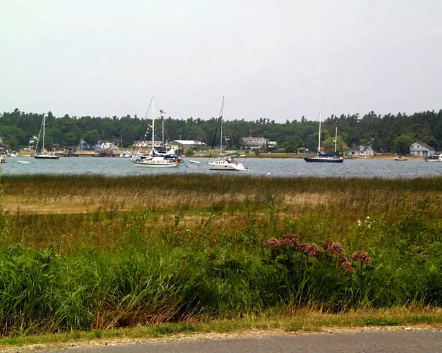 Several sailboats sit offshore beyond a grassy shoreline, with houses and trees visible across the water.