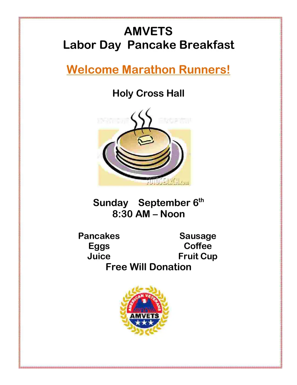 Event flyer advertising an AMVETS Labor Day pancake breakfast with a stack of pancakes and meal details.