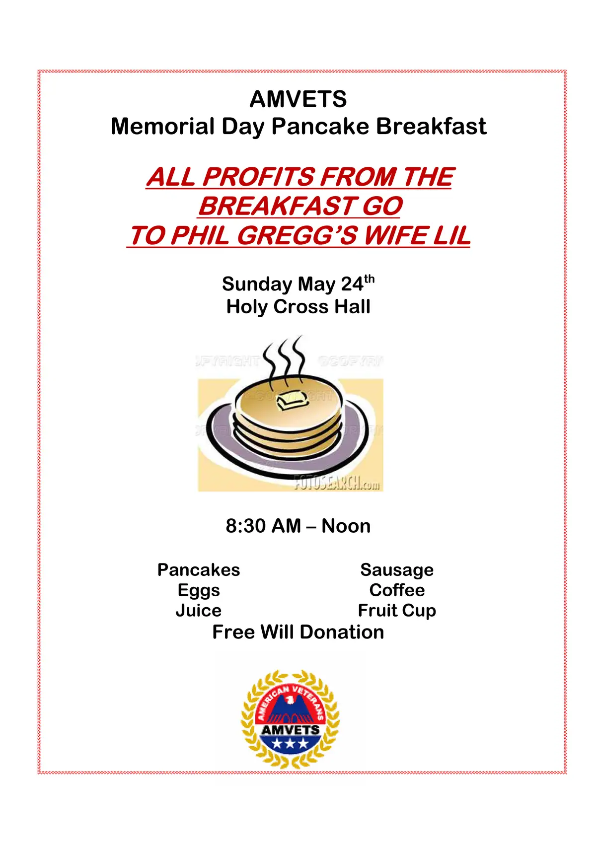 Flyer advertising a pancake breakfast, with a stack of pancakes, event details, menu, and veterans' organization emblem.