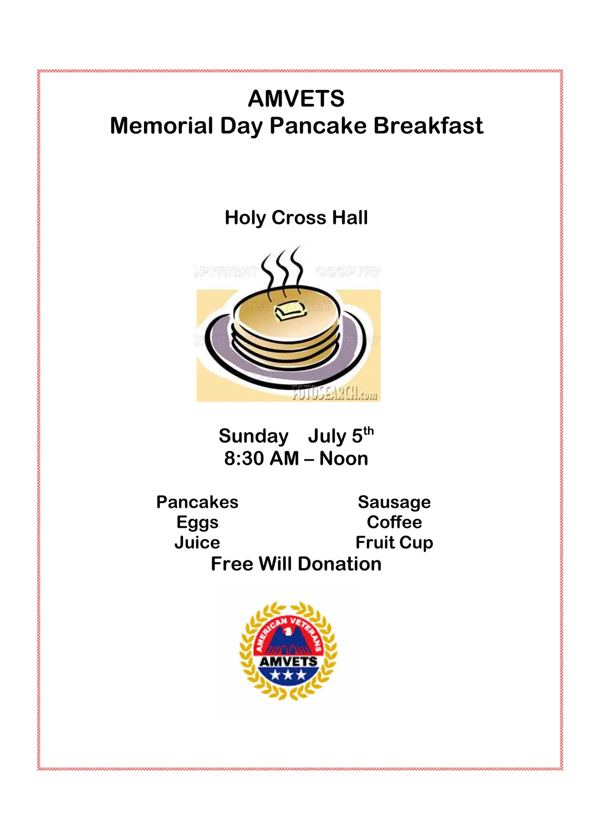 Flyer advertising a Memorial Day pancake breakfast with menu, hours, donation information, and an AMVETS emblem.