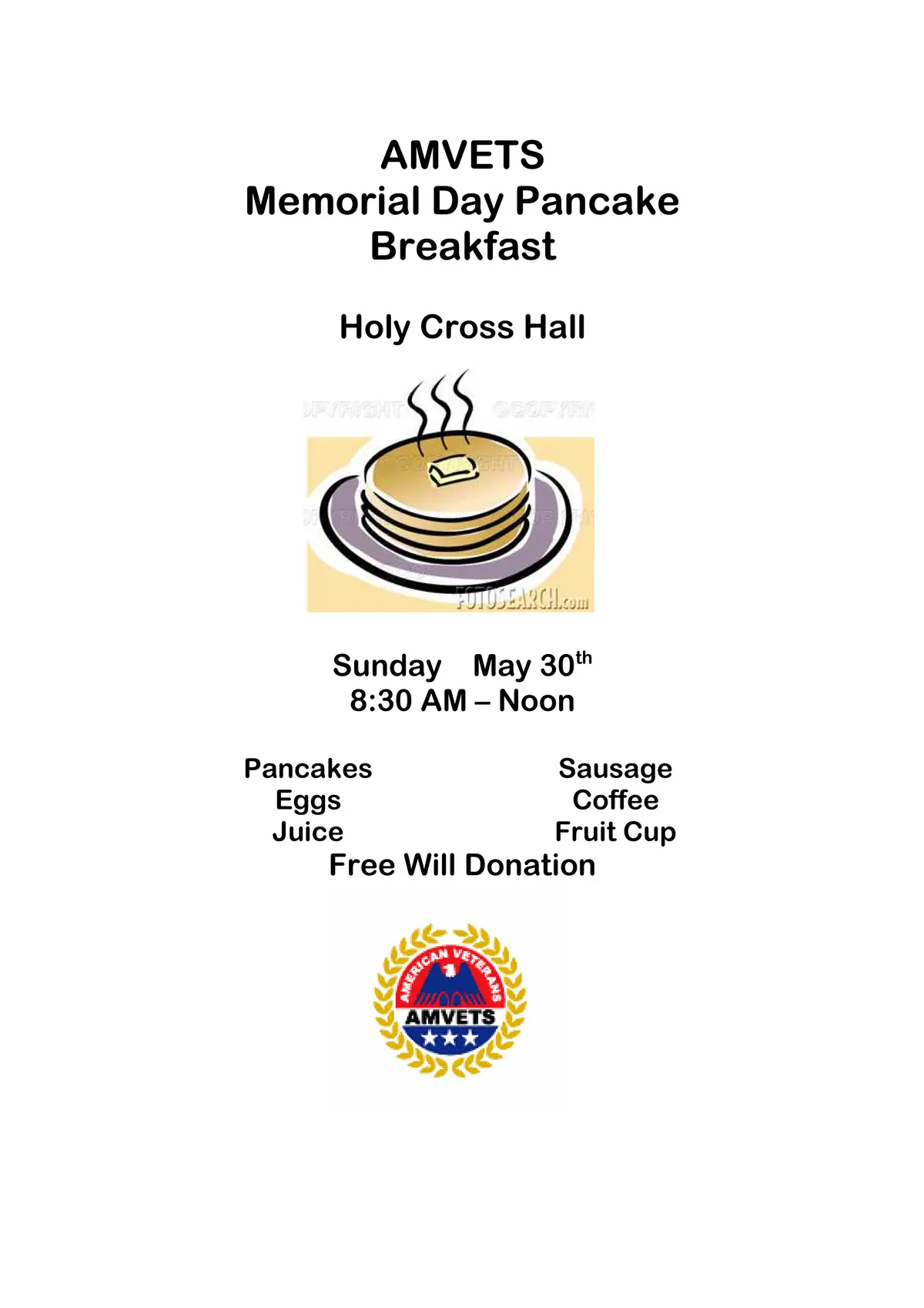 Event flyer advertising a pancake breakfast with a pancake illustration, menu, schedule, and veterans emblem.