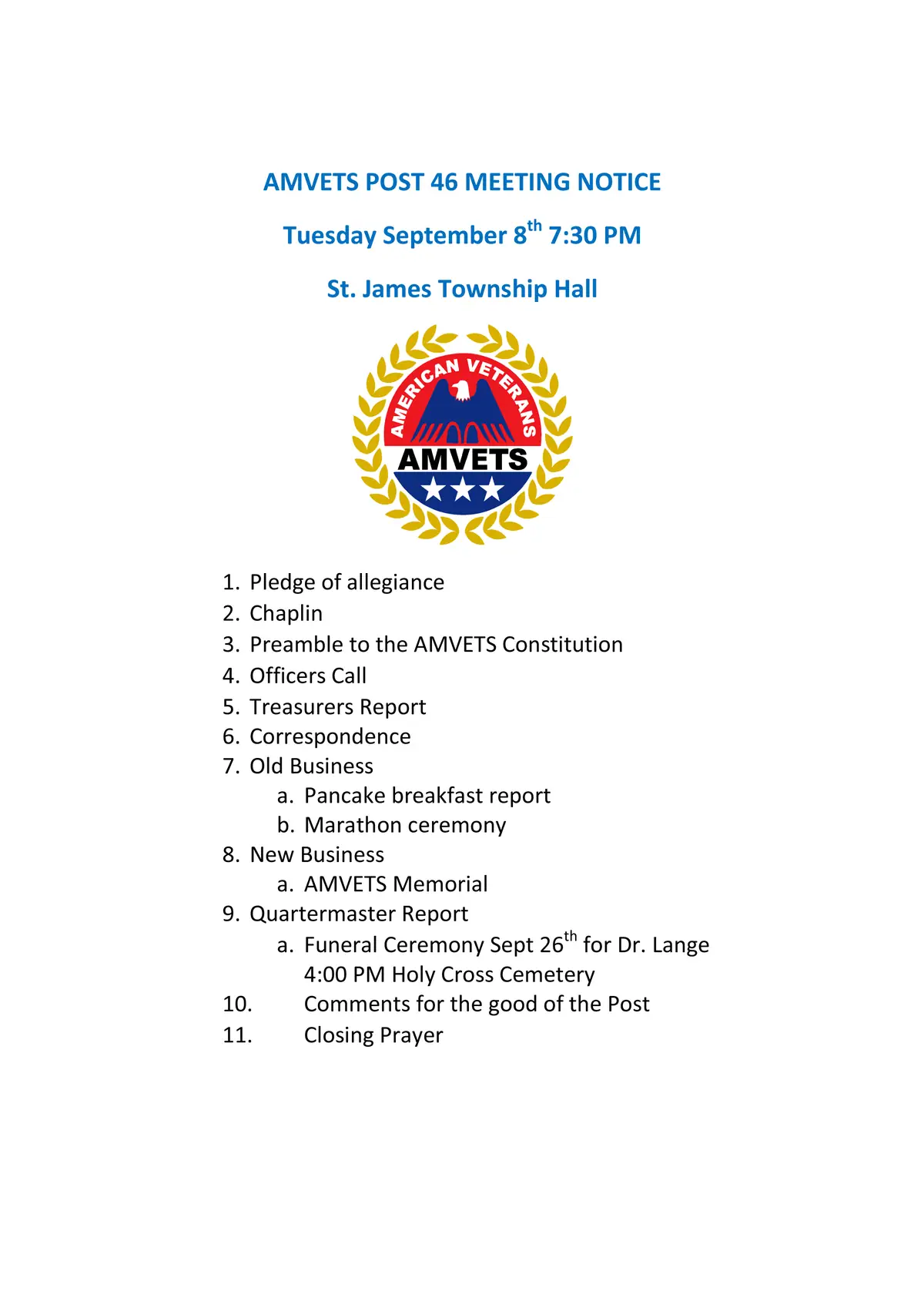 A printed AMVETS meeting notice with a centered emblem and a numbered agenda.