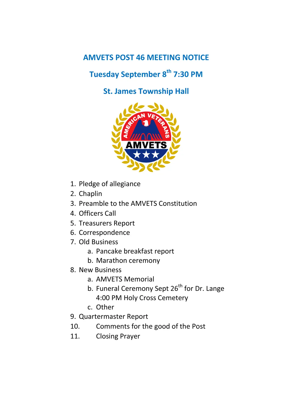 Printed meeting notice with a veterans organization emblem and a numbered agenda.