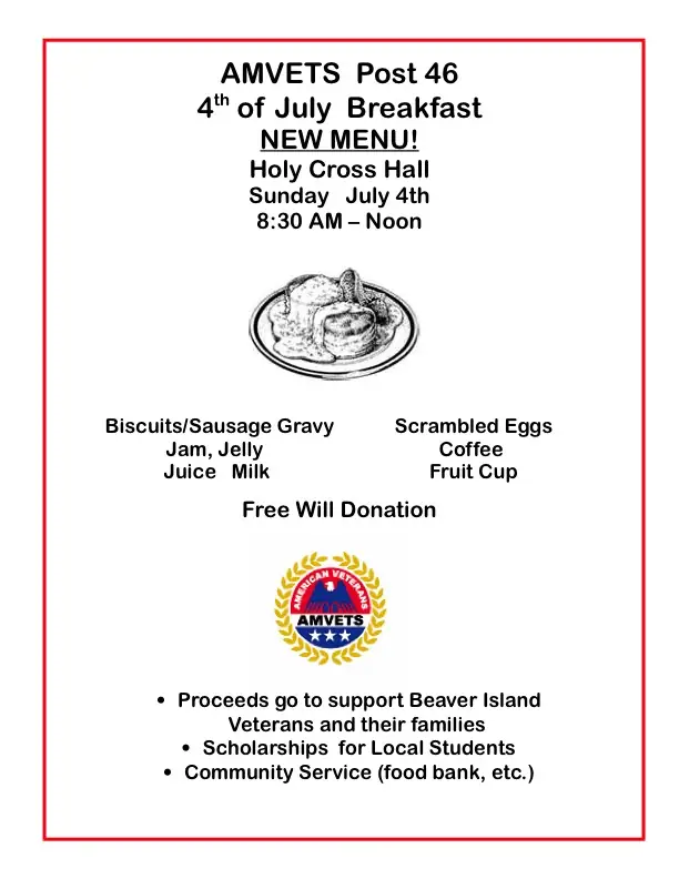 Printed breakfast fundraiser flyer with a red border, meal illustration, menu, emblem, and service information.