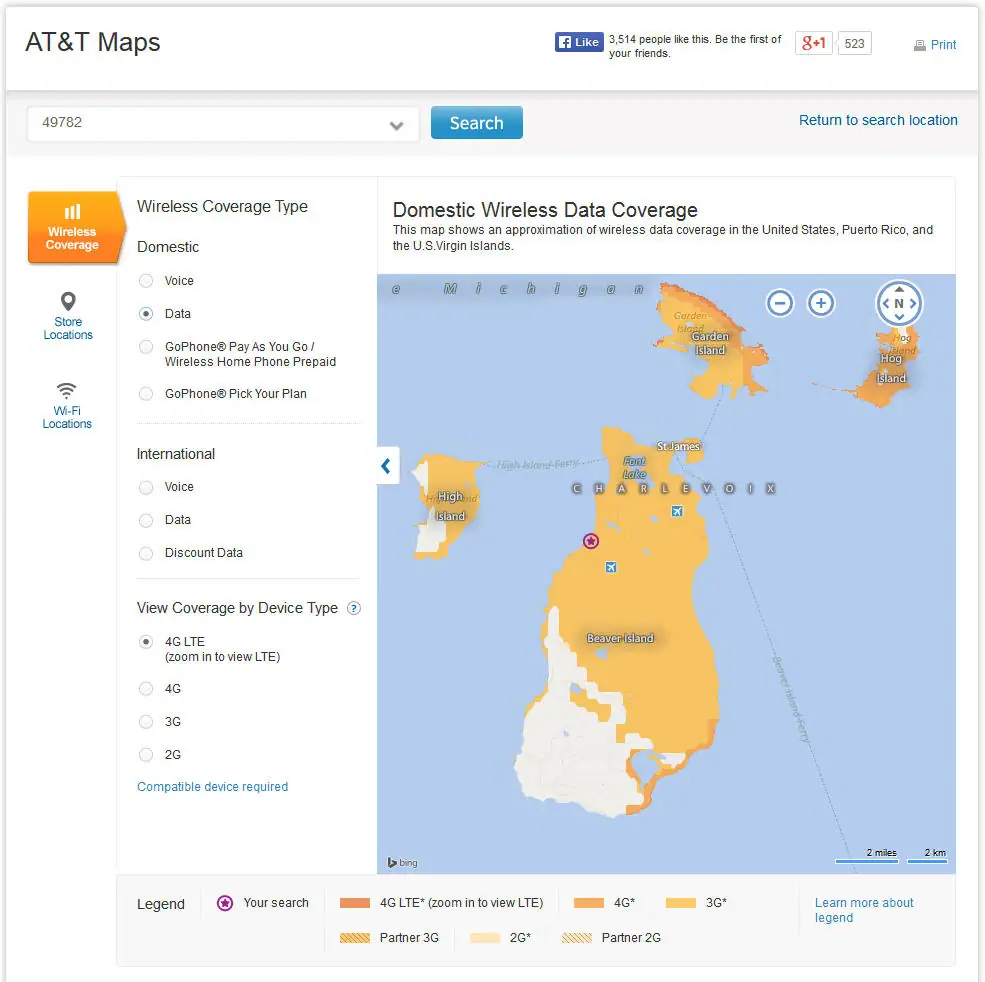 Screenshot of a wireless data coverage map with colored coverage areas, controls, labels, and a legend.