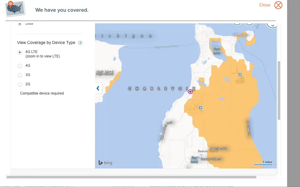 Screenshot of a mobile-network coverage map with an orange coverage area and device-type controls.