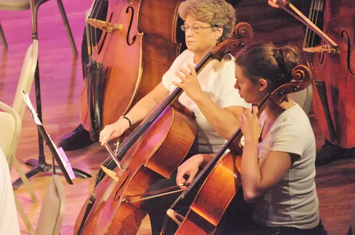 Two musicians play cellos among other string instruments during an indoor performance.