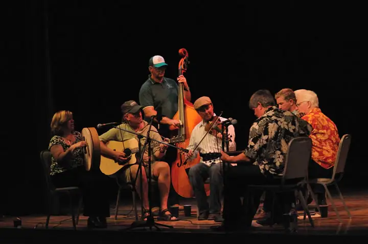 Musicians perform together on a dimly lit stage with guitars, upright bass, violin, and percussion.