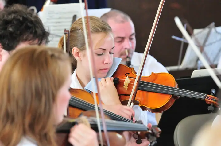 String musicians play violins and read sheet music during a performance.