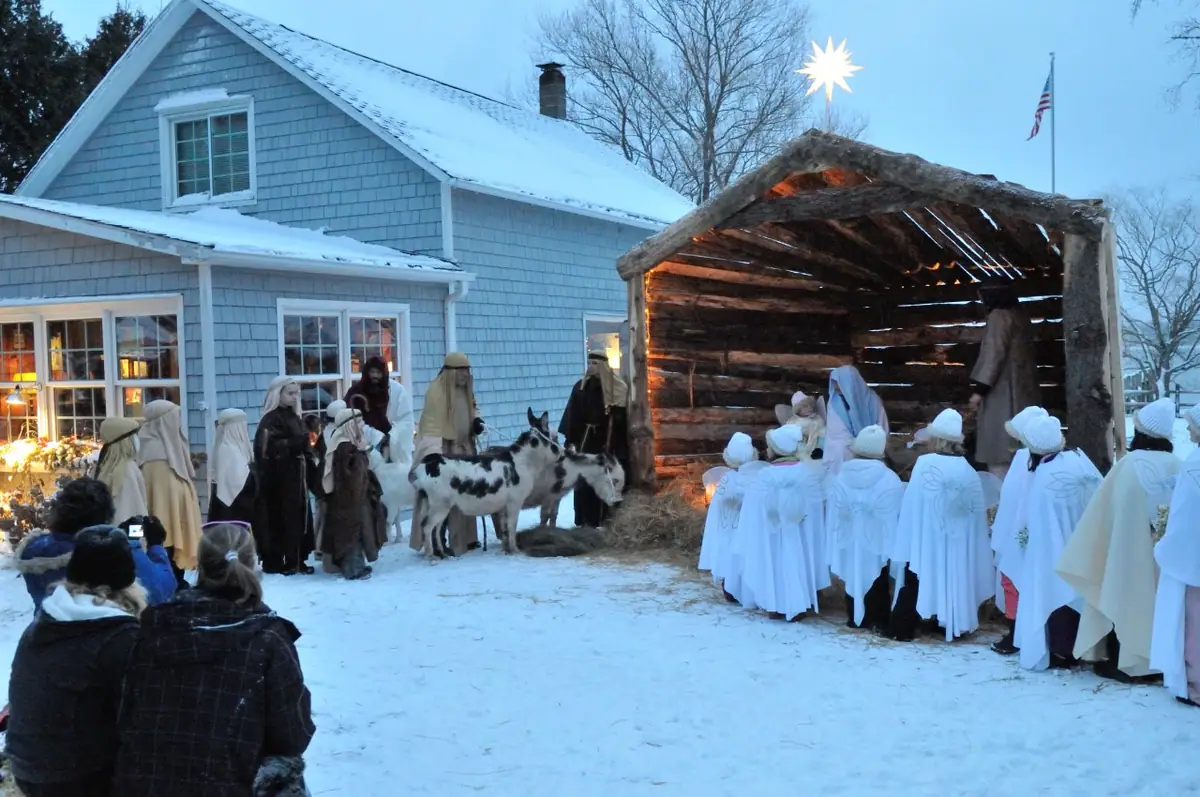 A winter nativity scene with costumed participants, goats, an illuminated shelter, and seated spectators.