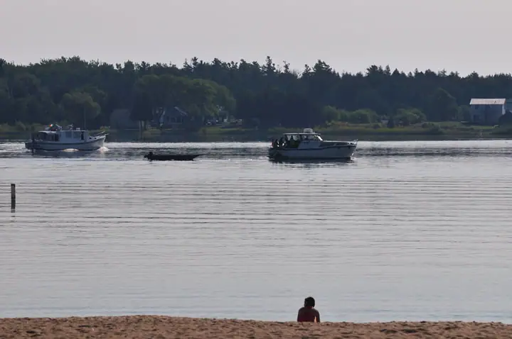 A person sits on a sandy shoreline as boats pass in front of a wooded shore.
