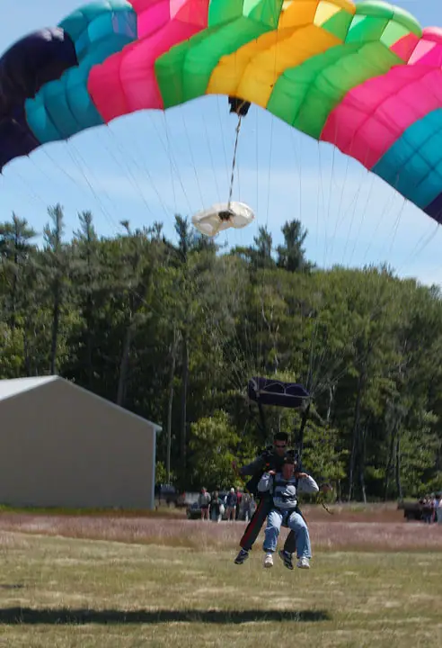 Two parachutists descend beneath a brightly colored canopy over a grassy field.