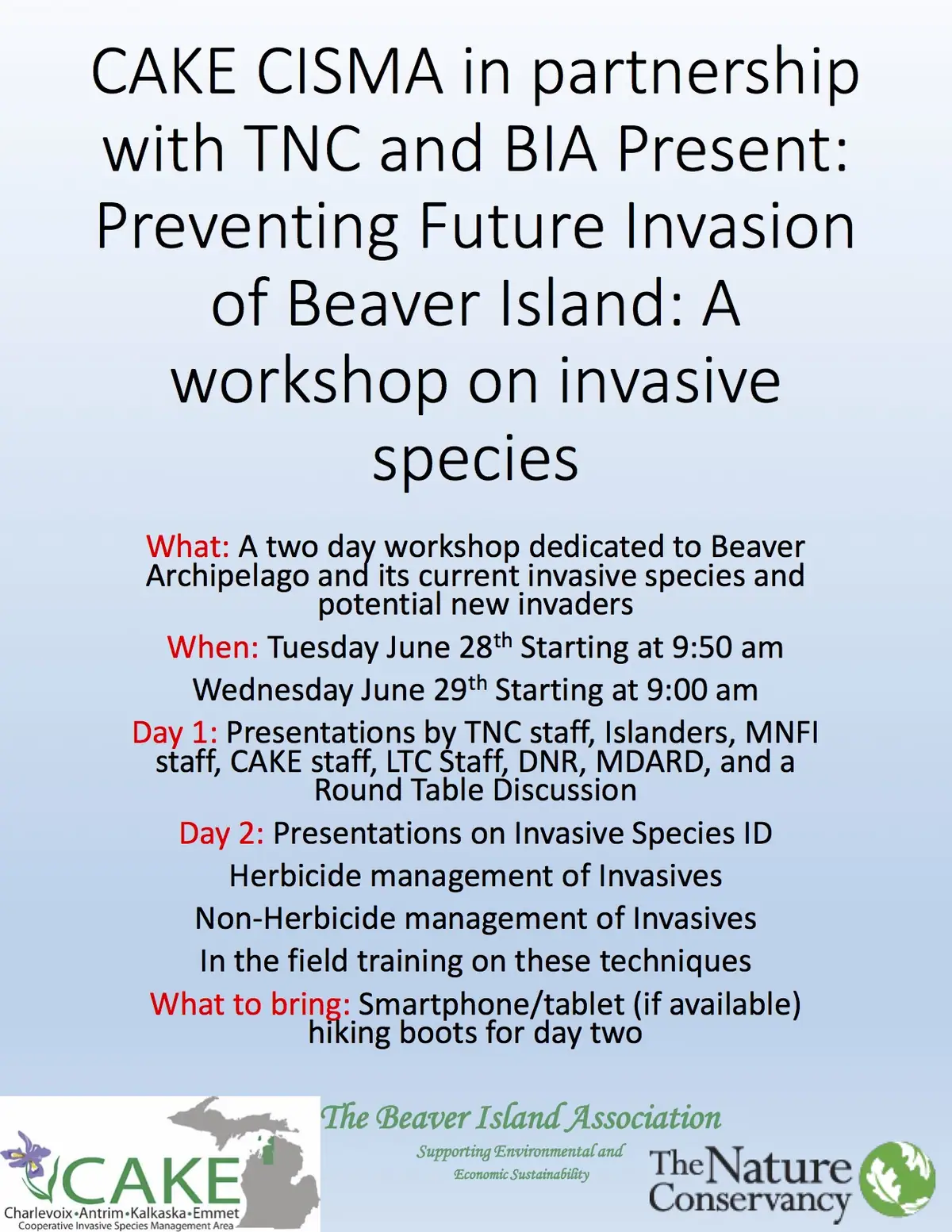 Workshop flyer with large black text, organizational logos, and information about invasive-species management.