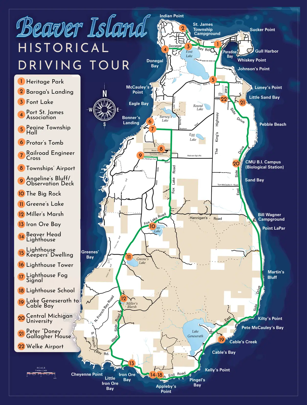 Illustrated historical driving-tour map with a green route, numbered stops, compass rose, and surrounding shoreline.