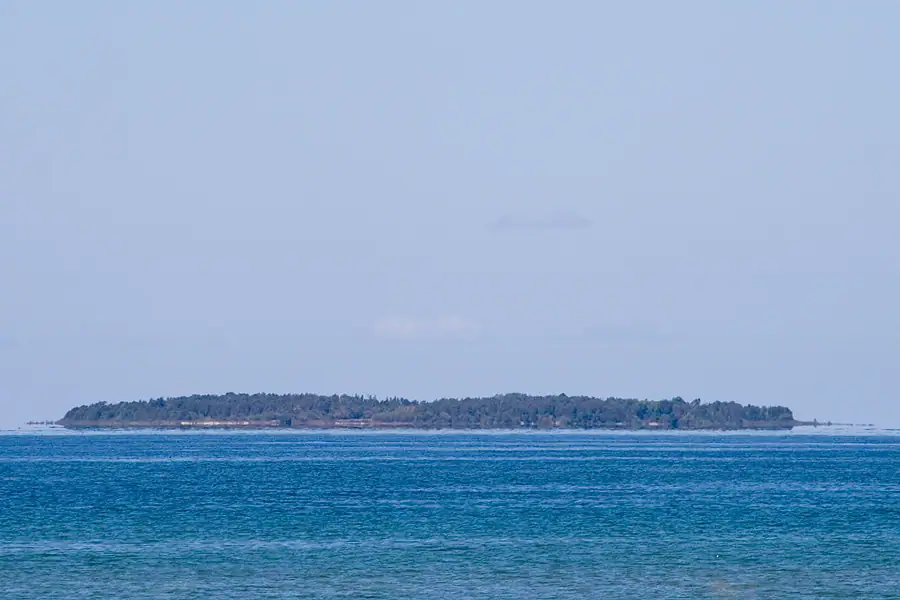 A low, tree-covered shoreline stretches across blue water beneath a pale sky.
