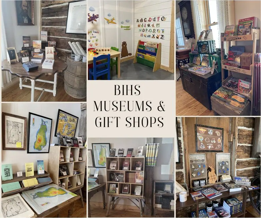 A collage of indoor museum and shop displays with books, maps, souvenirs, children's materials, and framed exhibits.
