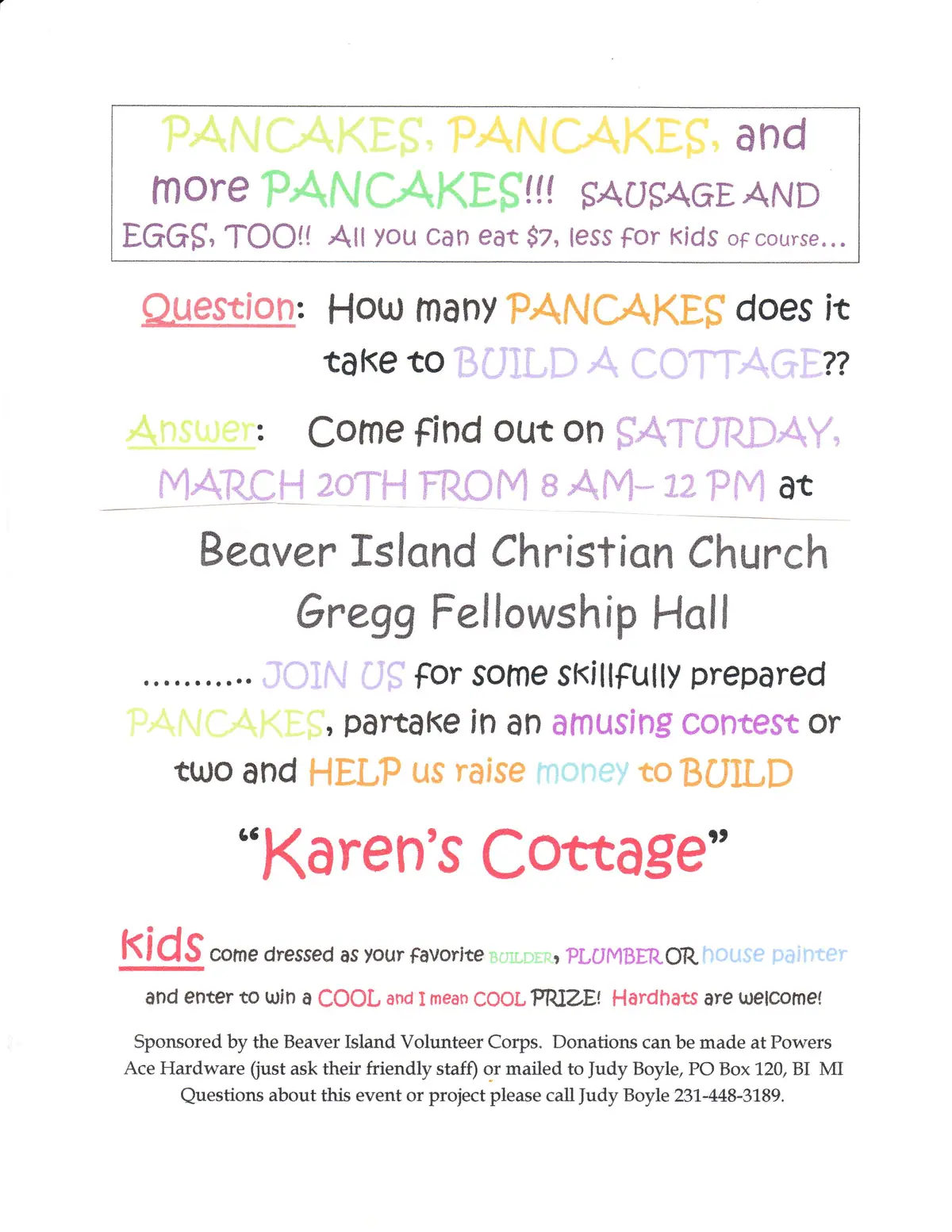 Colorful flyer advertising a pancake breakfast and fundraiser for a cottage-building project.