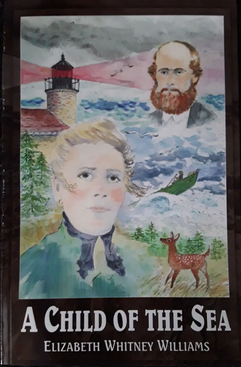 Watercolor-style book cover showing a child, lighthouse, bearded man, boat, deer, and turbulent water.