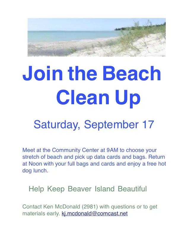 Beach cleanup flyer with a shoreline photograph and event details.