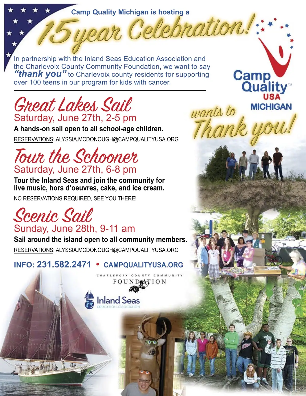 Promotional flyer with event schedule, sailing photographs, and group photographs of young people and adults.