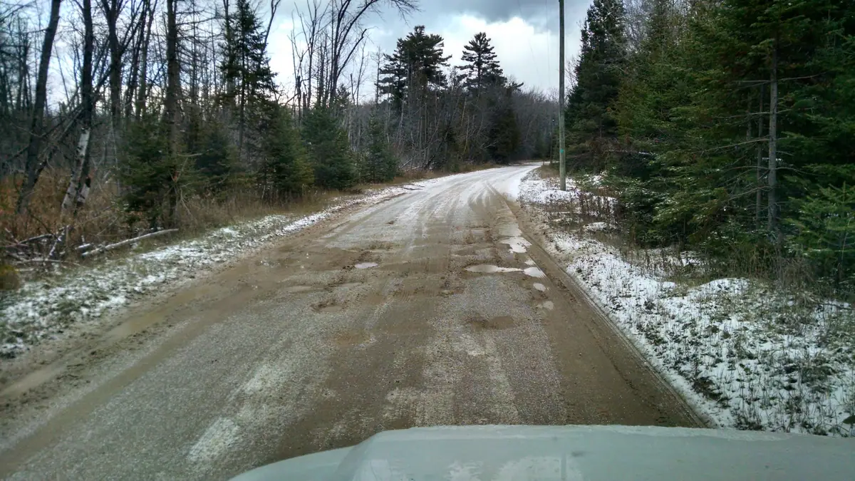 A muddy unpaved road curves through a mixed forest with patchy snow and a vehicle hood in the foreground.