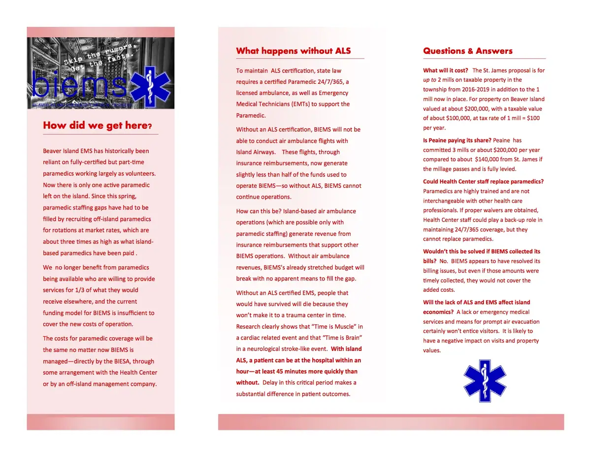 Three-panel brochure page with red emergency medical service text, blue medical symbols, and a faint hospital photograph.
