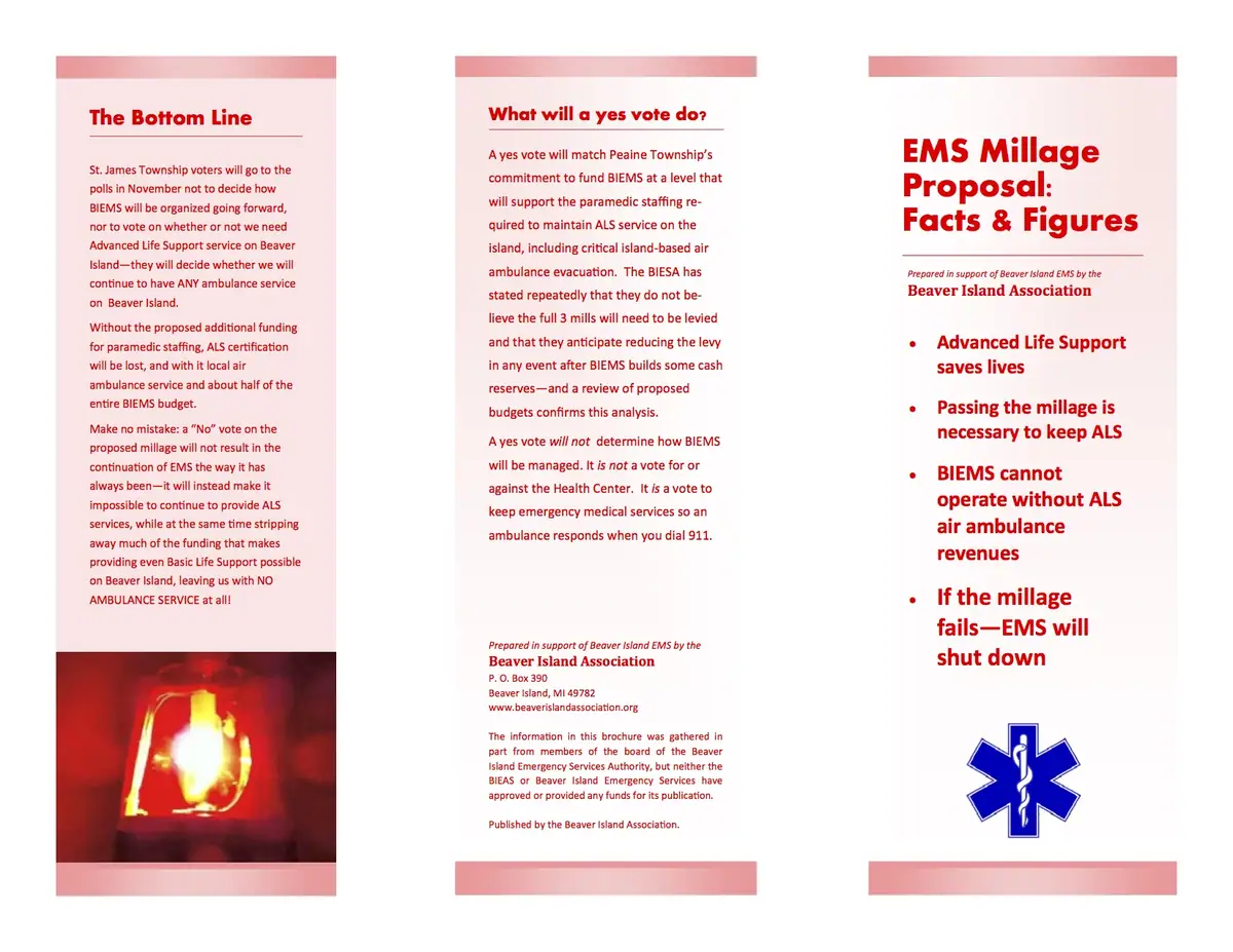 Three-panel EMS funding brochure with red headings, an emergency-light photo, and a blue Star of Life symbol.