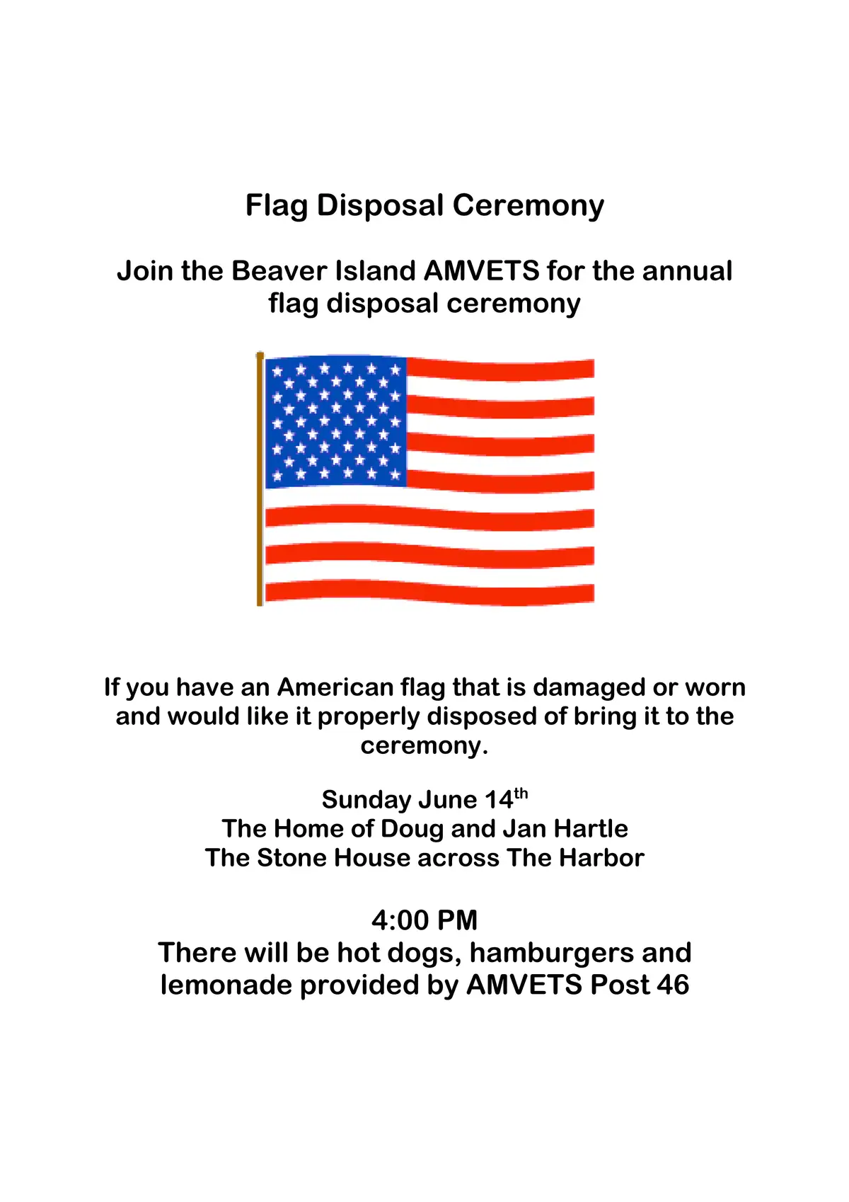 Flyer advertising a flag disposal ceremony with an illustrated American flag and refreshments.