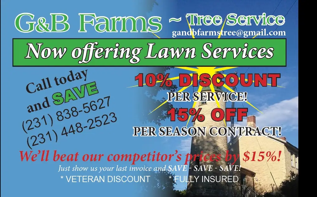 Colorful G&B Farms advertisement for tree and lawn services with discounts and contact information.