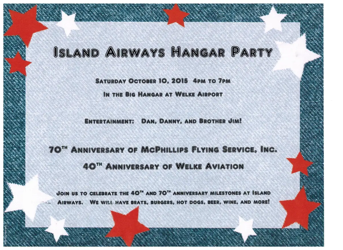 Decorative event flyer for a hangar party, with star borders and announcements of entertainment, anniversaries, food, and drinks.