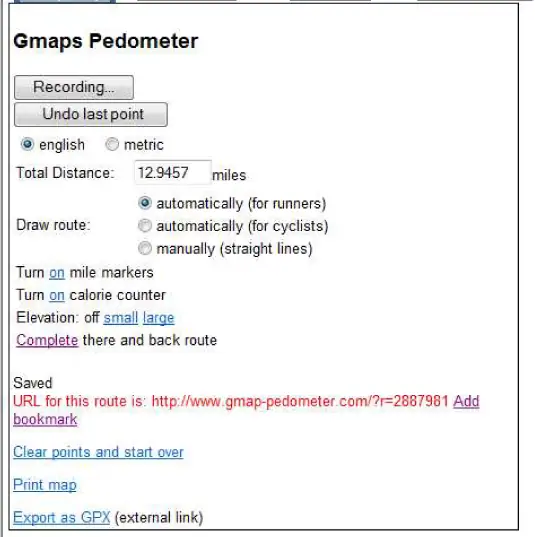 Screenshot of a route-planning webpage showing a recorded distance of 12.9457 miles.