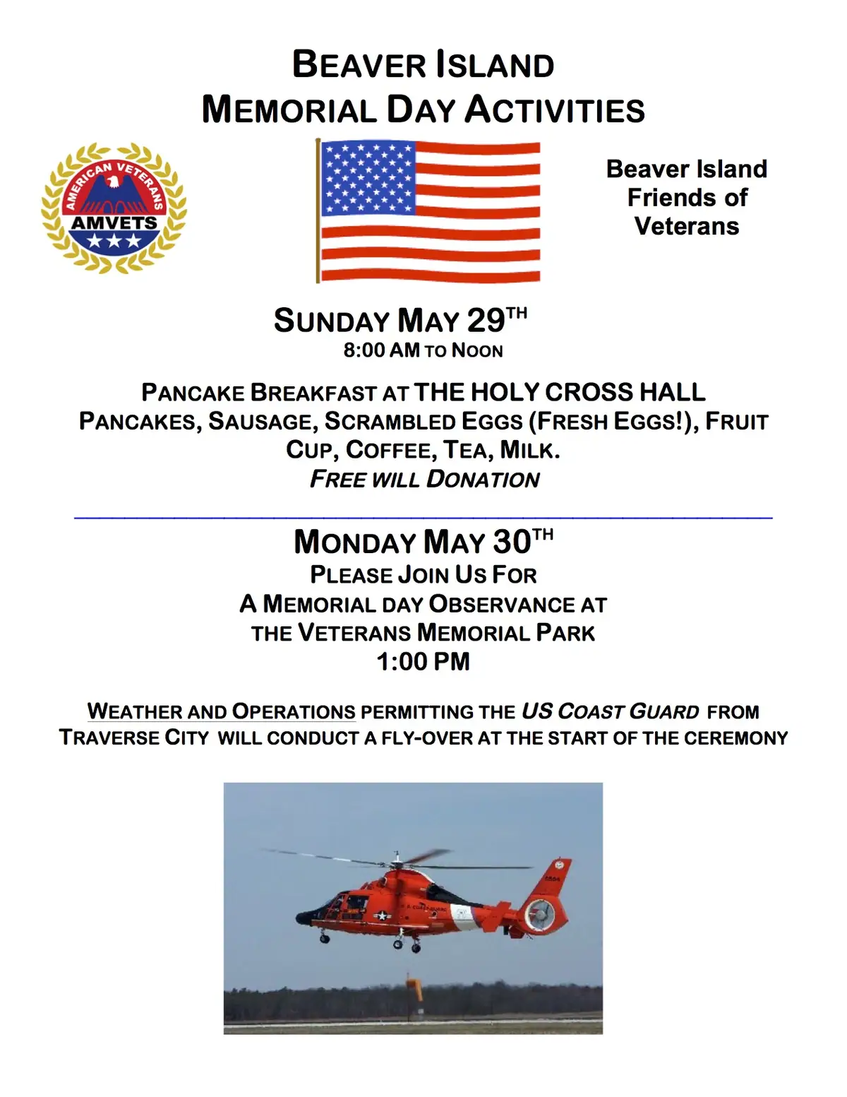 Memorial Day activities flyer with an AMVETS emblem, U.S. flag, event schedule, and helicopter photograph.