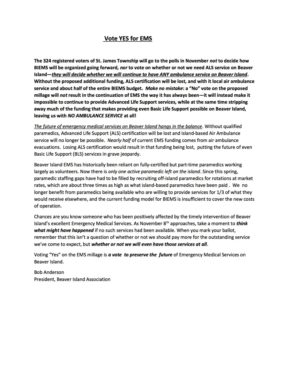 A single-page printed appeal urging voters to support continued emergency medical services.