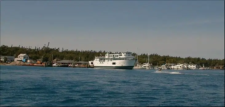 A large white ferry sits near a wooded shoreline with docks, houses, and smaller boats.
