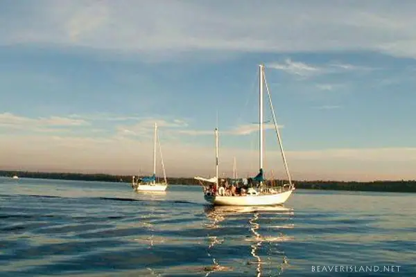 Two sailboats with people aboard move across calm water toward a distant wooded shoreline.