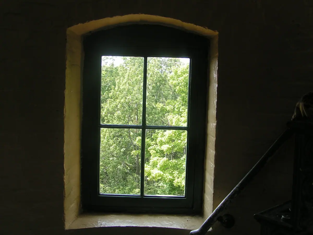 Arched four-pane window in a dark masonry interior, with leafy trees visible outside.