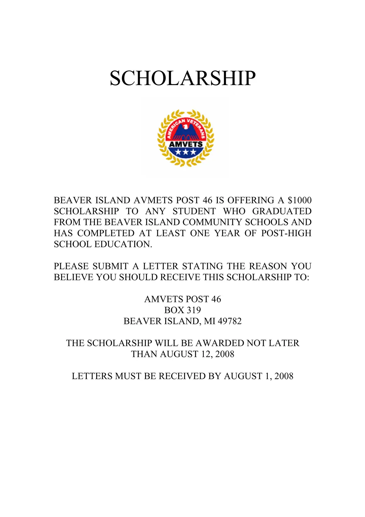 A printed scholarship flyer with an AMVETS emblem and application information.