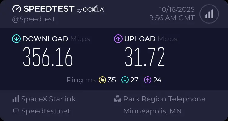 A digital speed test screen showing download, upload, and ping measurements for a broadband connection.