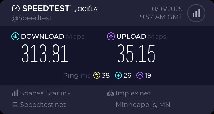 A speed-test results graphic showing download and upload rates for a satellite internet connection.