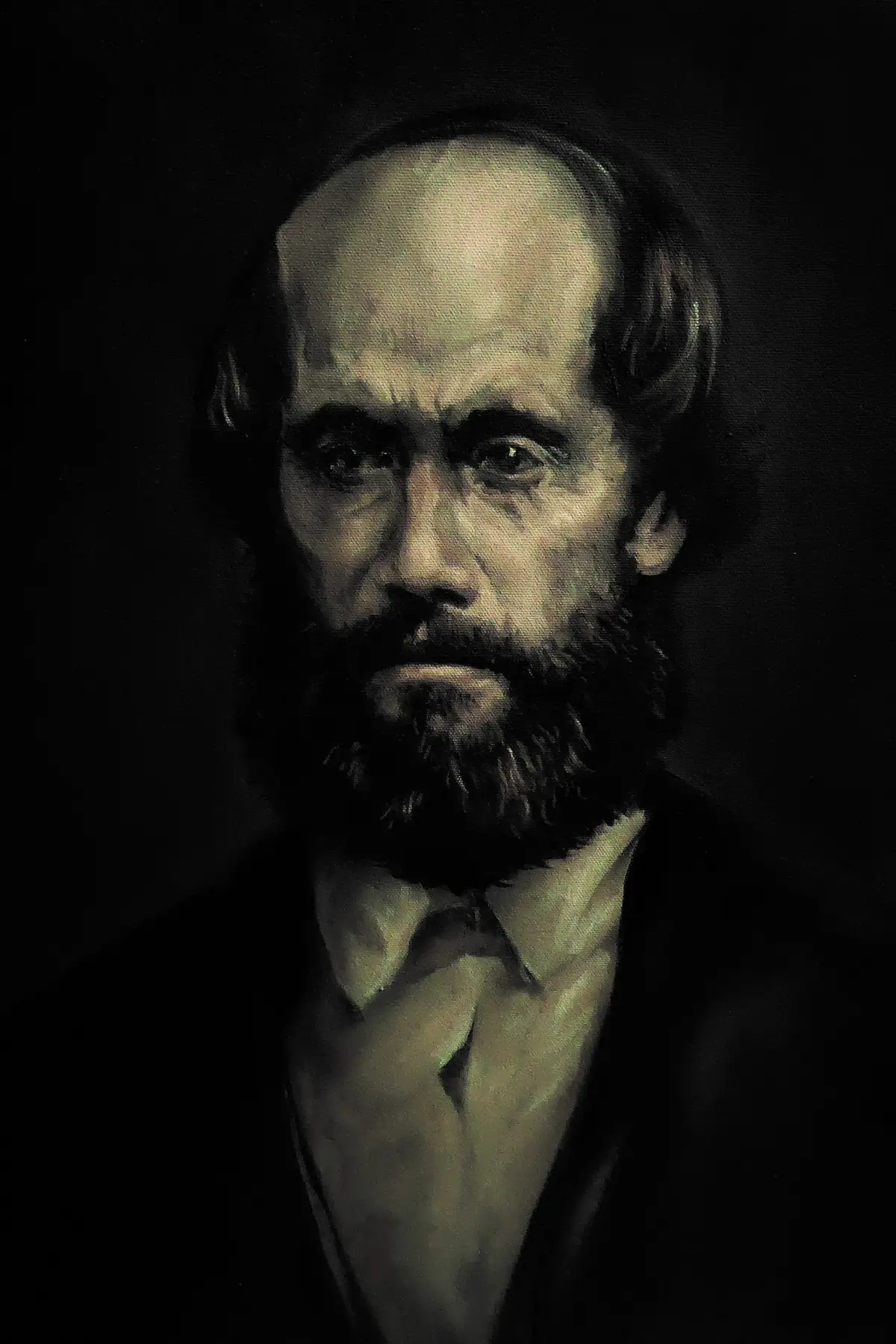 Painted portrait of a bearded man in a dark suit against a black background.