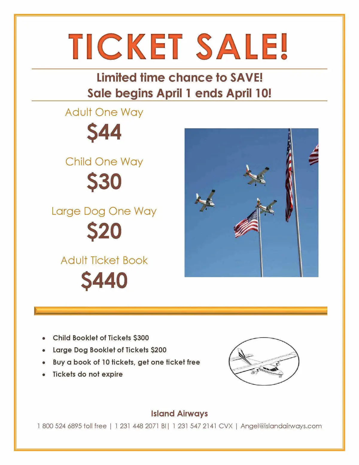 Promotional flyer advertising discounted passenger, child, dog, and booklet fares, with aircraft and flags pictured.