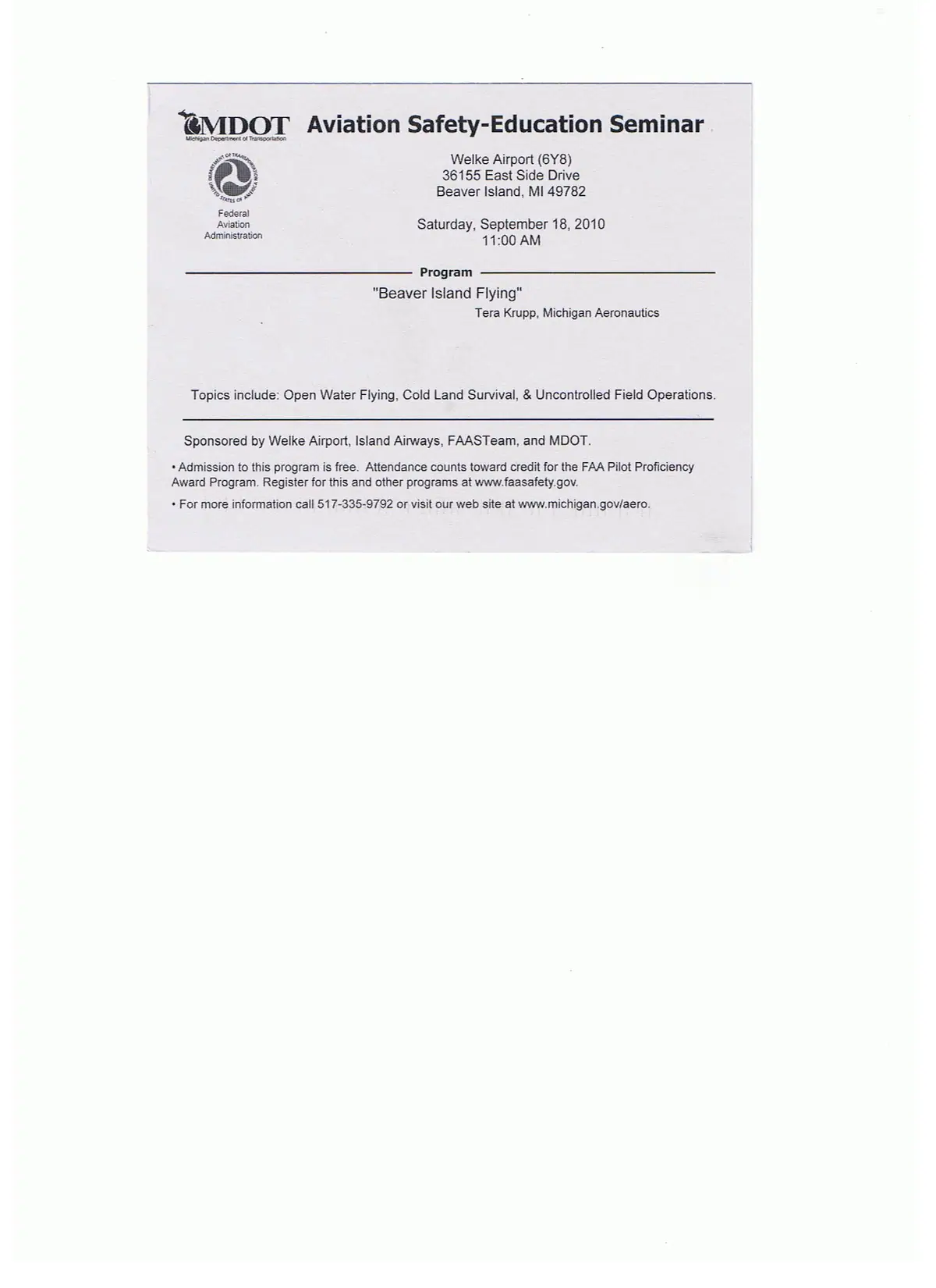 Scanned flyer for an aviation safety-education seminar, with agency logos and program details.